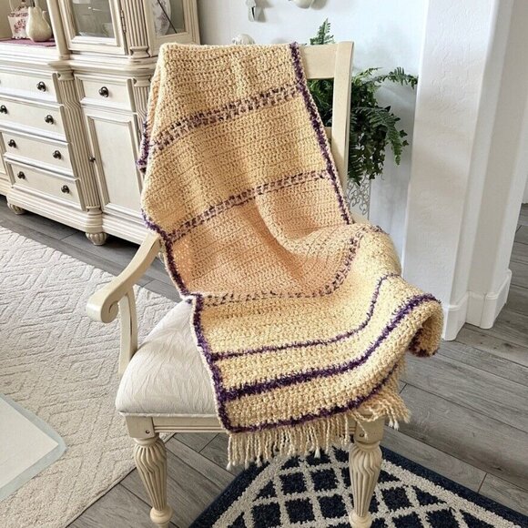 Handmade Crocheted Afghan Throw Blanket  Yellow Purple Soft Fringe 30x 70 in - Picture 9 of 9